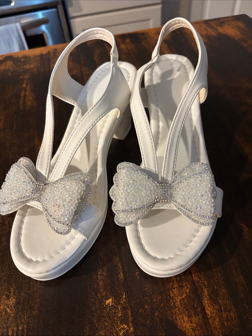 White Beaded Bow Slingback Heels for Women